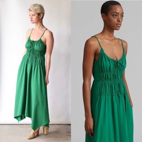 PROENZA SCHOULER Emerald Crepe Ruched Smocked Tie Front Sleeveless Midi Dress 10 - Picture 3 of 16
